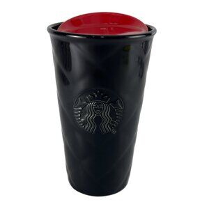 Starbucks 10 oz Ceramic Diamond Quilted Tumbler, Black w/Red Lid EUC